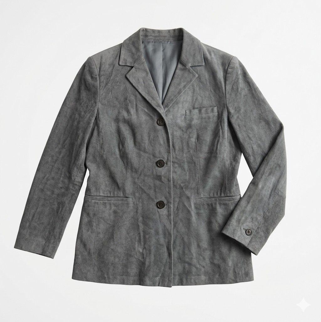 Minimalist Gray Suede Button-Down Blazer – Single Breasted Utility Jacket (Category: Coats, Jackets and Outerwear) located in Bacoor. Submitted by aithriftcloset (Listing ID 1465113085, Image 1). Description: • Minimalist Gray Suede Button-Down Blazer – Single Breasted Utility Jacket Product Description • Style: Classic casual blazer jacket with a relaxed, minimalist, and lightweight construction. • Fabric: Soft, textured gray suede. • Color: Sol