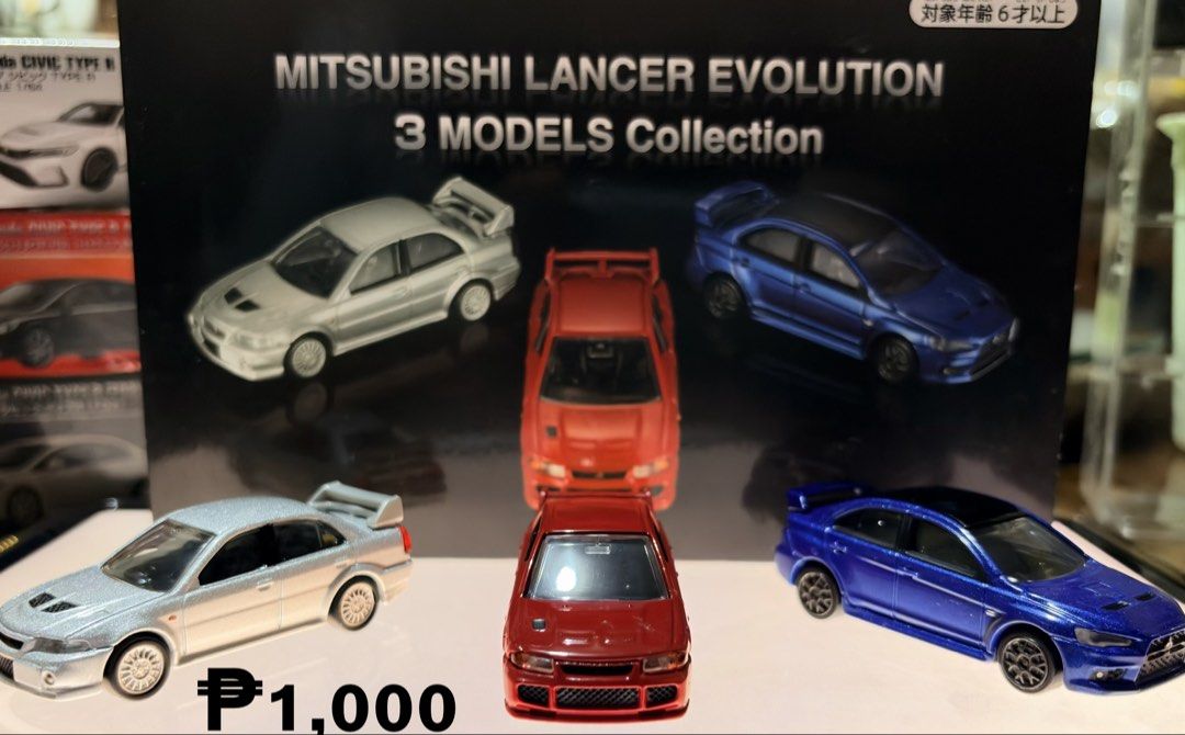 Mitsubishi Lancer Evolution 3 Models Collection Set (Category: Vehicle & Diecast Models) located in Quezon City. Submitted by lilisaly00 (Listing ID 1464996241, Image 1). Description: Up for grabs this awesome Mitsubishi Lancer Evolution 3 Models Collection set! A must-have for rally fans, diecast collectors, and JDM enthusiasts. Set Includes: •Mitsubishi Lancer Evolution (Silver) •Mitsubishi Lancer Evolution (Red) •Mitsubishi Lancer Evolution X 