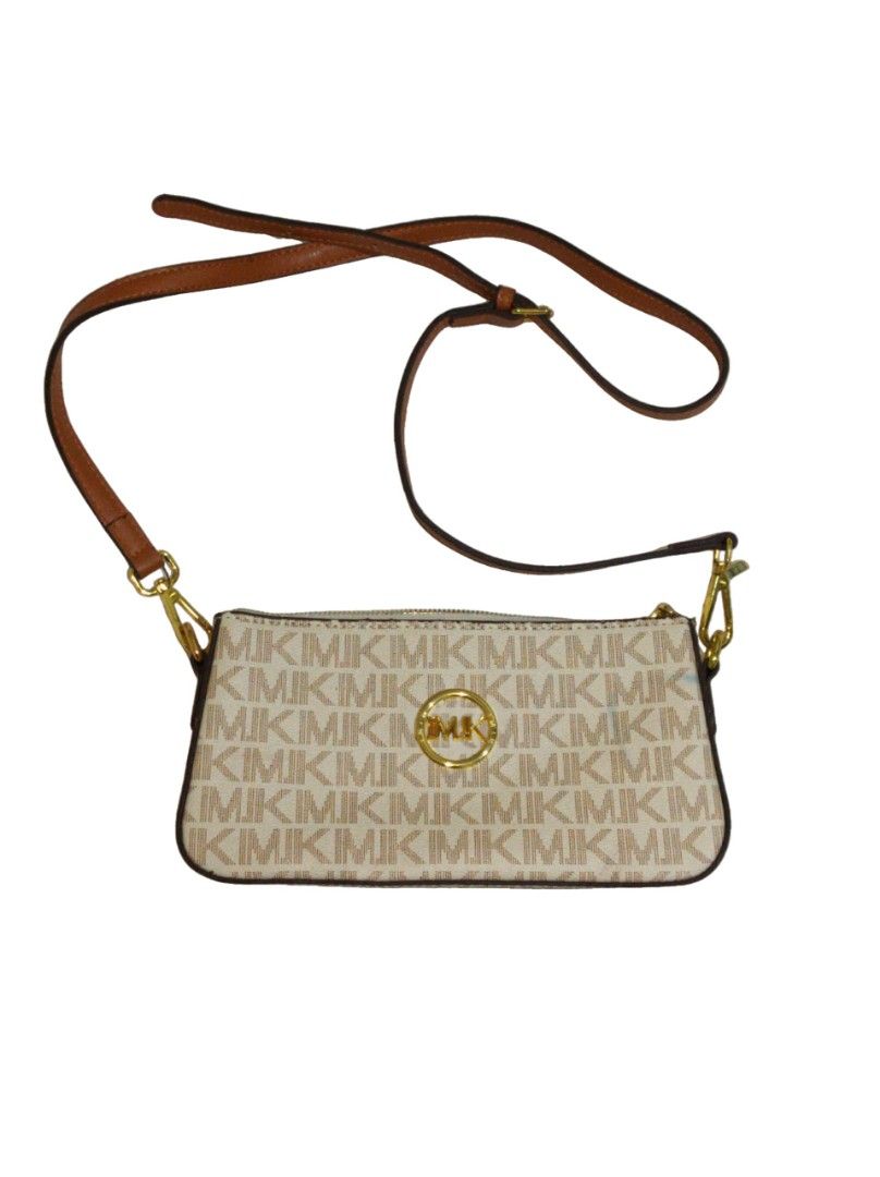 MK Logo Monogram Crossbody Bag (Category: Cross-body Bags) located in Cavite. Submitted by stylewithnics (Listing ID 1465030226, Image 1). Description: - Brand: f@ke/dup3 - Design: Classic MK monogram canvas with brown leather trim - Hardware: Premium gold-toned accents and front MK logo medallion - Closure: Secure top zip closure - Strap: Comfortable crossbody leather strap.