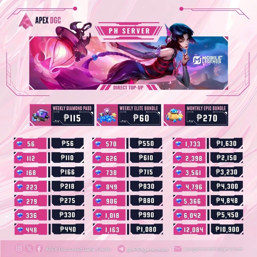 Mobile Legends PH Server Direct Top-Up Diamonds and Passes (Category: Others) located in Manila. Submitted by celestinea40549 (Listing ID 1465029304, Image 1). Description: Mobile Legends PH Direct Top-Up - Weekly Diamond Pass: ₱115 - Weekly Elite Bundle: ₱60 - Monthly Epic Bundle: ₱270 - Fast and trusted transaction - Send a message with your User ID and Server to order.