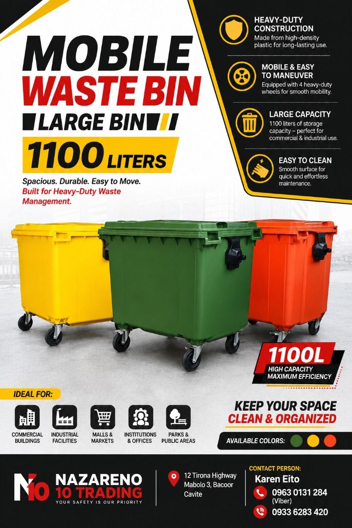 MOBILE WASTE BIN WITH WHEELS 1100 Liters (Category: Looking For) located in Bacoor. Submitted by kajezame.2021 (Listing ID 1465036491, Image 1). Description: MOBILE WASTE BIN WITH WHEELS 1100 Liters For More Details and Discount Contact Ms. Karen NAZARENO 10 TRADING 0963 0131 284 0933 6283 420 0956 7028 557 0933 8559 510 Landline: Look for Ms. Karen (046 ) 416 3920 Also available: • Traffic cone • Parking Block stopper • Chemical Gloves • Road Pl