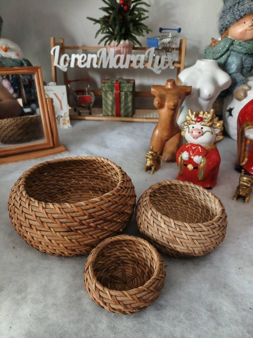 Modern & Elegant Rattan Round Trio (Category: Other Kitchenware & Tableware) located in Taguig. Submitted by lmluxboutique (Listing ID 1464976669, Image 2). Description: Bring natural texture, organic warmth, and timeless charm into your home with our Handcrafted Woven Storage Baskets. Perfect for organizing small everyday items or styling your favorite cozy corners. ​🌿 Product Details: ​3-Piece Nesting Set: Includes small, medium, and large mat