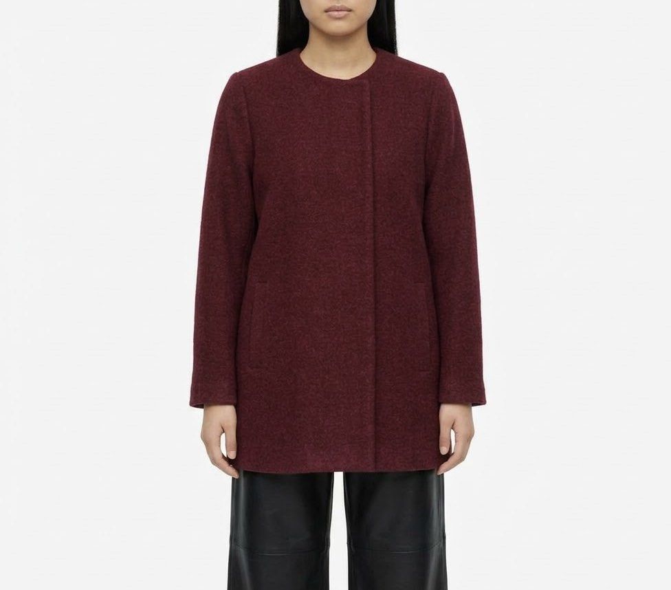 MONKI Burgundy Collarless Wool-Blend Coat (Category: Coats, Jackets and Outerwear) located in Caloocan City. Submitted by declutteringph. (Listing ID 1465120117, Image 2). Description: Size xs CN 160/80A on the tag! Dimensions: (inches) Shoulder width: 14” Bust width: 20” Body Length: 30” Sleeves Length: 23.5”.