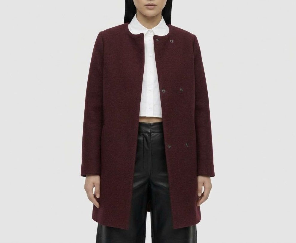 MONKI Burgundy Collarless Wool-Blend Coat (Category: Coats, Jackets and Outerwear) located in Caloocan City. Submitted by declutteringph. (Listing ID 1465120117, Image 1). Description: Size xs CN 160/80A on the tag! Dimensions: (inches) Shoulder width: 14” Bust width: 20” Body Length: 30” Sleeves Length: 23.5”.