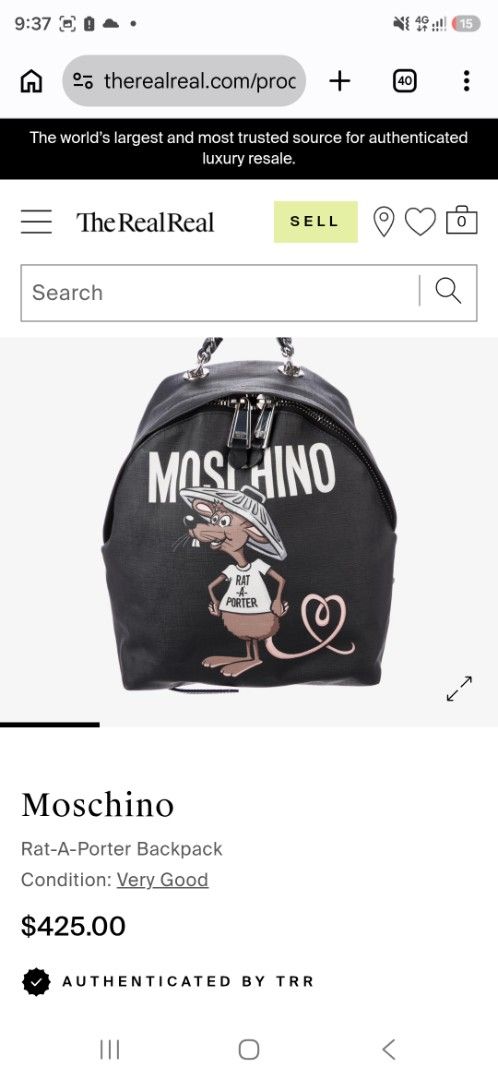 Moschino Rat-A-Porter Backpack Black (Category: Backpacks) located in Lemery. Submitted by venus23 (Listing ID 1465095508, Image 2). Description: - Brand: Moschino - Style: Rat-A-Porter Backpack - Color: Black with striking white branding & cartoon rat print - Material: Durable Saffiano-style textured finish - Hardware: Silver-tone Moschino Milano stamped zips with chain handle detail - Size: Practical everyday size, approx. 11 inches across - Co
