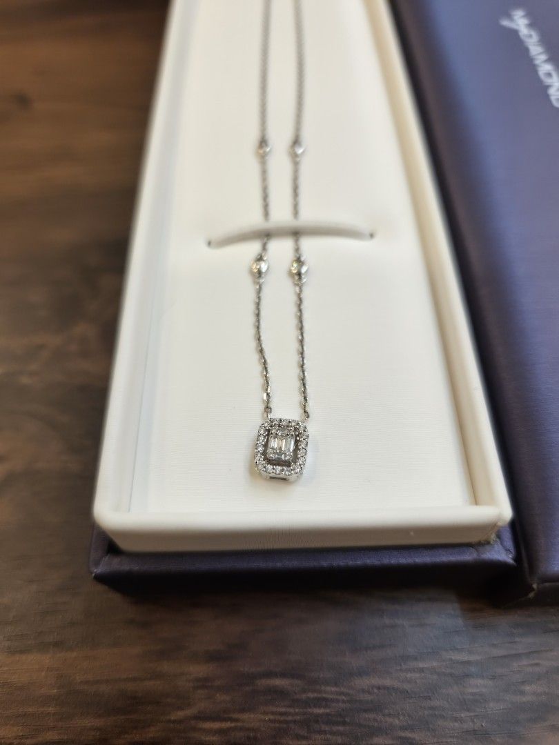 My Diamond Necklace (Category: Necklaces) located in Quezon City. Submitted by sashasarisarishoppe (Listing ID 1465001804, Image 3). Description: - Brand: My Diamond - Material: White Gold - Design: Emerald-cut center stone surrounded by pavé diamonds - Chain: Delicate chain with small station diamonds - Inclusion: Comes with original My Diamond box - Condition: Excellent / Ready to wear - Perfect for gifting or special occasions.