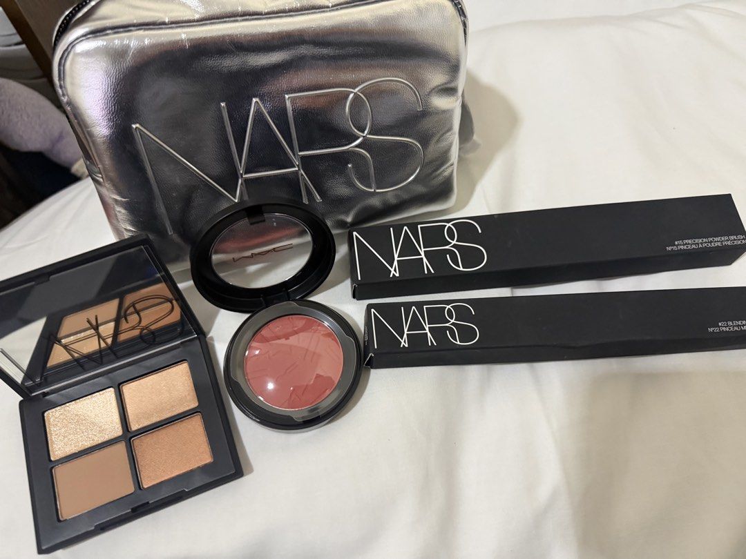 NARS and MAC Makeup Set with Silver Pouch for take all (Category: Makeup) located in Manila. Submitted by arcietan02437 (Listing ID 1465118289, Image 2). Description: - Brand new, authentic NARS and MAC beauty bundle in original boxes - Includes a sleek, shiny silver NARS cosmetic bag - NARS quad eyeshadow palette for versatile looks - MAC Skinfinish Colourstruck blush in the shade 'Pinch Me' - NARS #15 Precision Powder Brush (boxed) - NARS #22 B