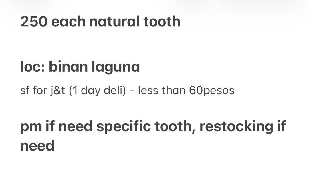 Natural Tooth Specimen (Category: Medical Supplies & Tools) located in San Pedro. Submitted by dainty00 (Listing ID 1464970384, Image 3). Description: 250 each natural tooth loc: binan laguna sf for j&t (1 day deli) - less than 60pesos pm if need specific tooth, restocking if need.