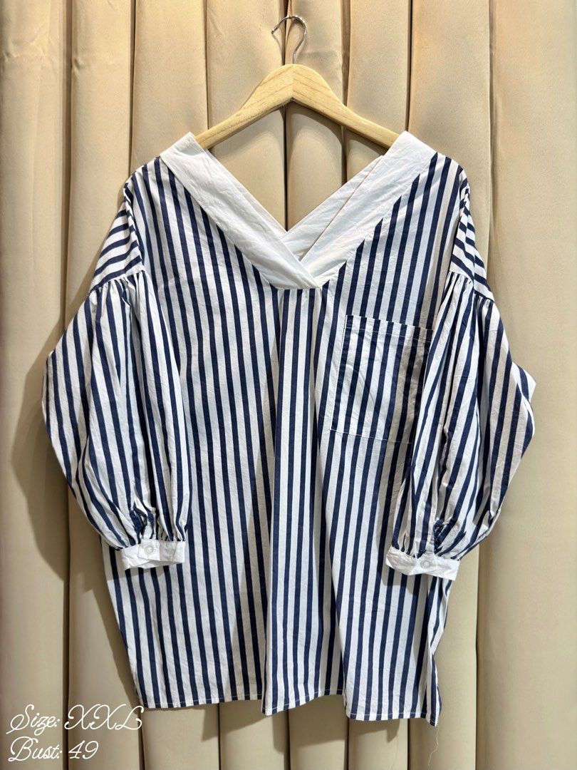 Nautical Sailor Blouse (Category: Blouses) located in Manila. Submitted by glamstylemnl (Listing ID 1465136742, Image 1). Description: ♡ SIZE: XXL ♡ BUST: 49 ♡ Swipe left to see the actual color & details ♡ wide v-neck / voluminous puff sleeves ♡ HQ • 10/10 ♡ Ready to wear 👚.