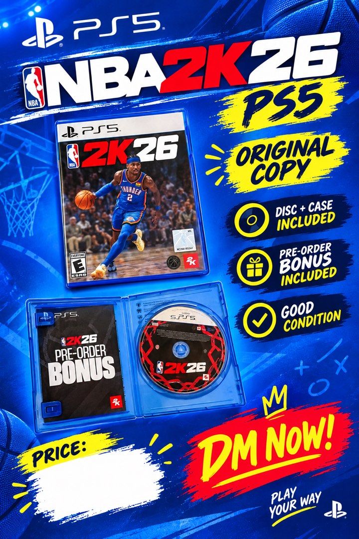NBA 2K26 PS5 Game Disc With Case (Category: PlayStation) located in Lucena. Submitted by lcndeclutter (Listing ID 1465043744, Image 1). Description: - Game: NBA 2K26 for PlayStation 5 - Condition: Original copy, disc and case are extremely clean and well-kept - Inclusions: Original game case, game disc, and unused pre-order bonus leaflet - Transaction: Ready for a fast and hassle-free deal.