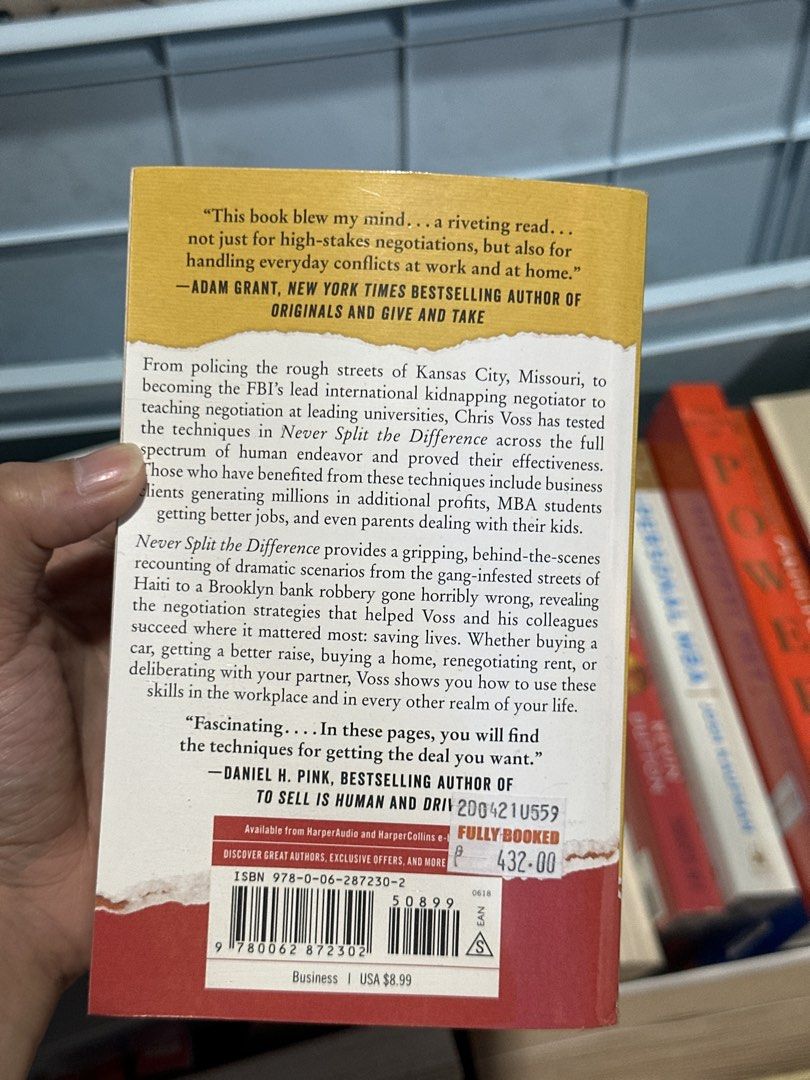 Never Split the Difference by Chris Voss paperback (Category: Storybooks) located in Meycauayan. Submitted by stld027 (Listing ID 1464993864, Image 2). Description: - some pages have some yellowing from age - uter edges show shelf wear - spine intact - clean text inside with no markings RFS: Switched to Kindle.