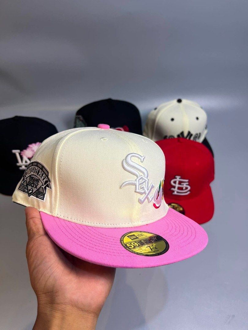 New Era 59FIFTY fitted hats collection multiple teams available (Category: Caps & Hats) located in Manila. Submitted by grandfire-d26d (Listing ID 1465076851, Image 3). Description: - Brand: New Era 59FIFTY Fitted Caps - Size: 7 1/4 (Standard Fitted) - Available Teams: New York Yankees, Los Angeles Dodgers, Chicago White Sox, Boston Red Sox, St. Louis Cardinals - Colorways: Black, Pink, Cream, Red, and more - Features: Flat brim, signature gold s