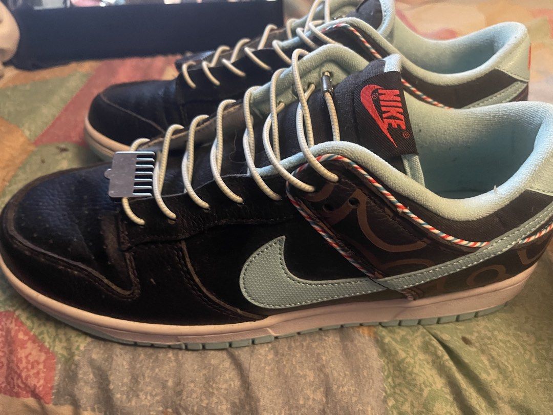 Nike Dunk Low Barber Shop Black Light Blue (Category: Sneakers) located in Manila. Submitted by chiaseed00 (Listing ID 1465051975, Image 2). Description: - Brand/Model: Nike Dunk Low - Colorway: Black and Light Blue - Theme: Rare barber shop edition with clipper guard lace lock and tricolor collar piping - Details: Cracked graphic heel overlay, blue inner lining, and matching outsole - Upgrades: Swapped with stylish and convenient elastic rope la