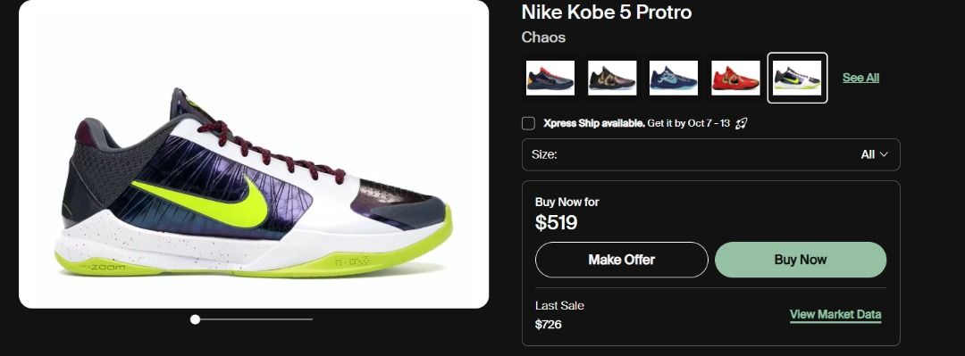 Nike Kobe 5 Protro "Chaos" | US 8.5 Men's | Pristine (Category: Shoe inserts & accessories) located in Bacoor. Submitted by fafofa (Listing ID 1465097838, Image 2). Description: Nike Kobe 5 Protro "Chaos" featuring a white synthetic upper, iridescent purple panels, and a vibrant neon green Swoosh. • Size: US 8.5 Men's • Colorway: Chaos • White synthetic upper • Iridescent purple panels • Neon green Swoosh • Pristine condition • Never been used.