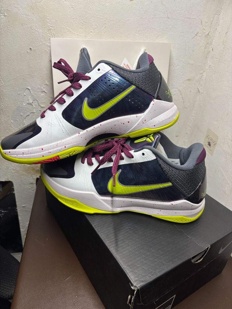 Nike Kobe 5 Protro "Chaos" | US 8.5 Men's | Pristine (Category: Shoe inserts & accessories) located in Bacoor. Submitted by fafofa (Listing ID 1465097838, Image 3). Description: Nike Kobe 5 Protro "Chaos" featuring a white synthetic upper, iridescent purple panels, and a vibrant neon green Swoosh. • Size: US 8.5 Men's • Colorway: Chaos • White synthetic upper • Iridescent purple panels • Neon green Swoosh • Pristine condition • Never been used.