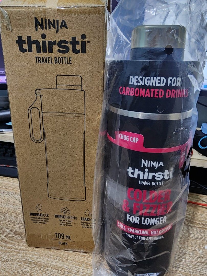 Ninja Thirsti Travel Bottle Black 709ml Black (Category: Water Bottles & Tumblers) located in Las Pinas. Submitted by jojames223.1 (Listing ID 1465071021, Image 1). Description: Ninja Thirsti Travel Bottle 709ml Black Good for carbonated drinks Brandnew (inopen lang to check box) Price: 2100 (nego) Las Piñas or Imus area.