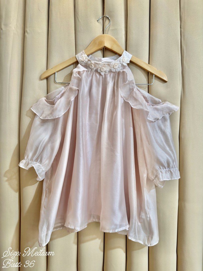 Off-shoulder Chiffon Blouse (Category: Blouses) located in Manila. Submitted by glamstylemnl (Listing ID 1465141830, Image 1). Description: ♡ SIZE: M ♡ BUST: 36 ♡ Swipe left to see the actual color & details ♡ decorative floral accented neck / ruffled arm opening ♡ HQ • 10/10 ♡ Ready to wear 👚.