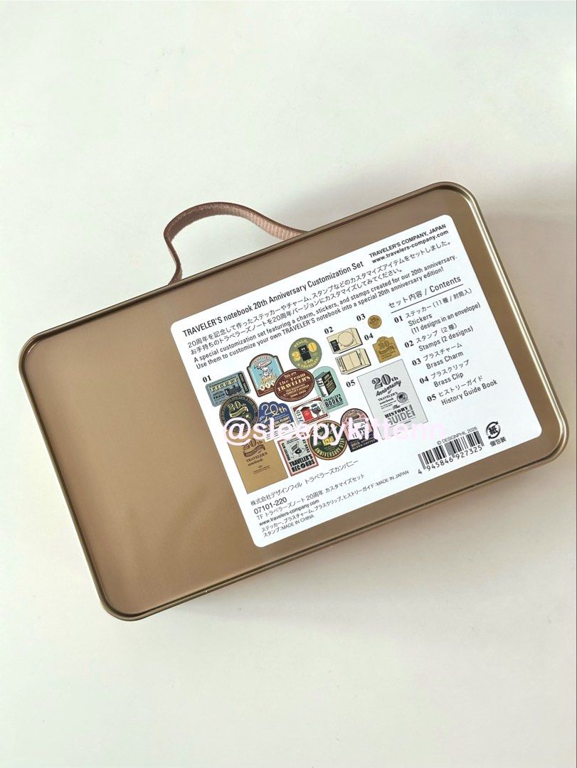 ONHAND Traveler’s notebook 20th Anniversary Customization Set (Category: Other Stationery & Craft) located in Rizal. Submitted by sleepykittenn (Listing ID 1464679254, Image 3). Description: TRAVELER’S notebook 20th Anniversary Customization Set Onhand Brand new - never been opened Contents 01 Tin Can 02 Brass Clip 03 Brass Charm 04 Stickers 05 Stamps 06 History Guide Maribank Layaway options also avail Lalamove, JNT, can also do meetups.