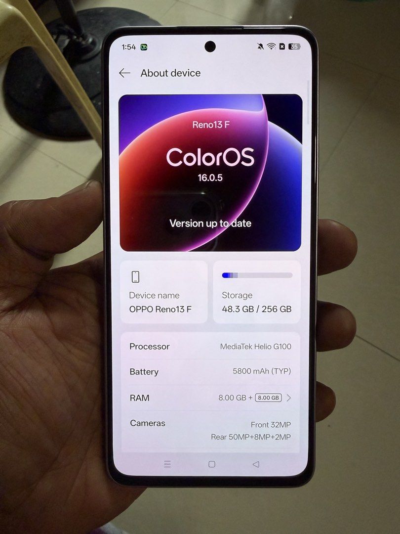 Oppo reno 13F 256gb openline (Category: OPPO) located in Manila. Submitted by ballenwilm84291 (Listing ID 1465021571, Image 3). Description: - Brand/Model: Oppo Reno 13F (Model CPH2701) - Storage: 256GB ROM with 8GB RAM (+8GB expansion) - Network Status: Openline (works with all local networks) - Battery: 5800mAh (TYP) long-lasting battery - Camera: 50MP + 8MP + 2MP rear cameras, 32MP front camera - Display: 6.67-inch screen running on ColorOS 16
