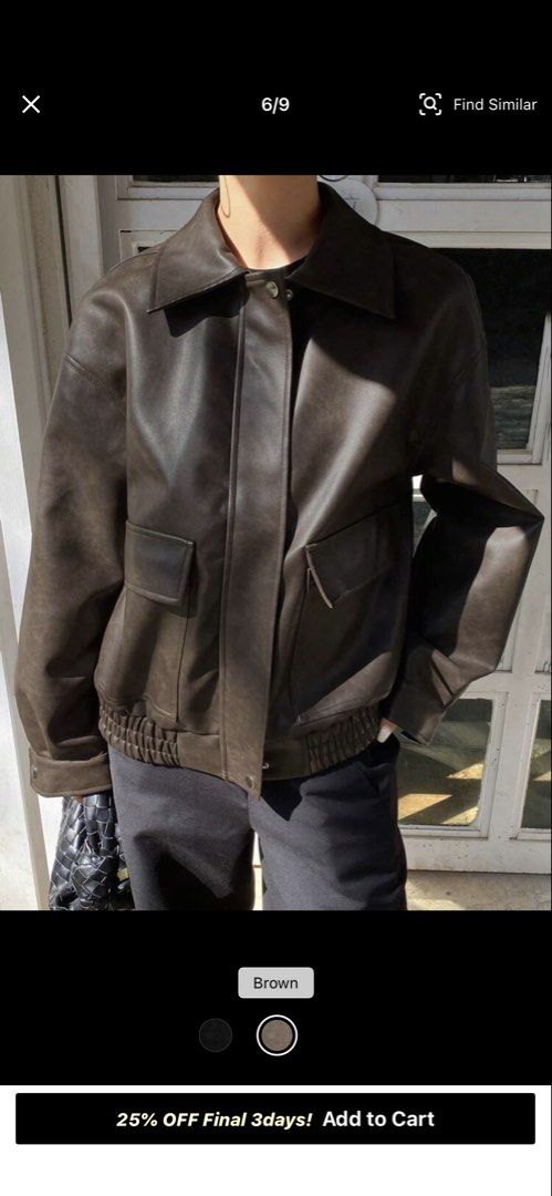 Oversized Brown Faux Leather Bomber Jacket (Category: Coats, Jackets and Outerwear) located in Manila. Submitted by summer.731 (Listing ID 1465114369, Image 1). Description: - Color & Material: Brown faux leather with a smooth inside lining - Closure & Collar: Snap-button front with a wide collar - Pockets: Two functional front flap pockets - Fit: Relaxed, oversized fit through the body and sleeves - Hem: Elasticized hem for a snug fit - Style: M