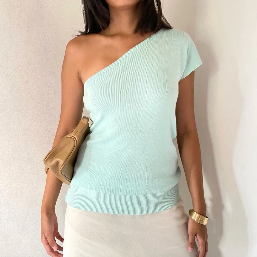 Pale Blue One Shoulder Top (Category: Sleeveless) located in San Juan, La Union. Submitted by bisoubingsu (Listing ID 1465089243, Image 1). Description: - size S-M - Bust can fit until 38”, Length 23”.