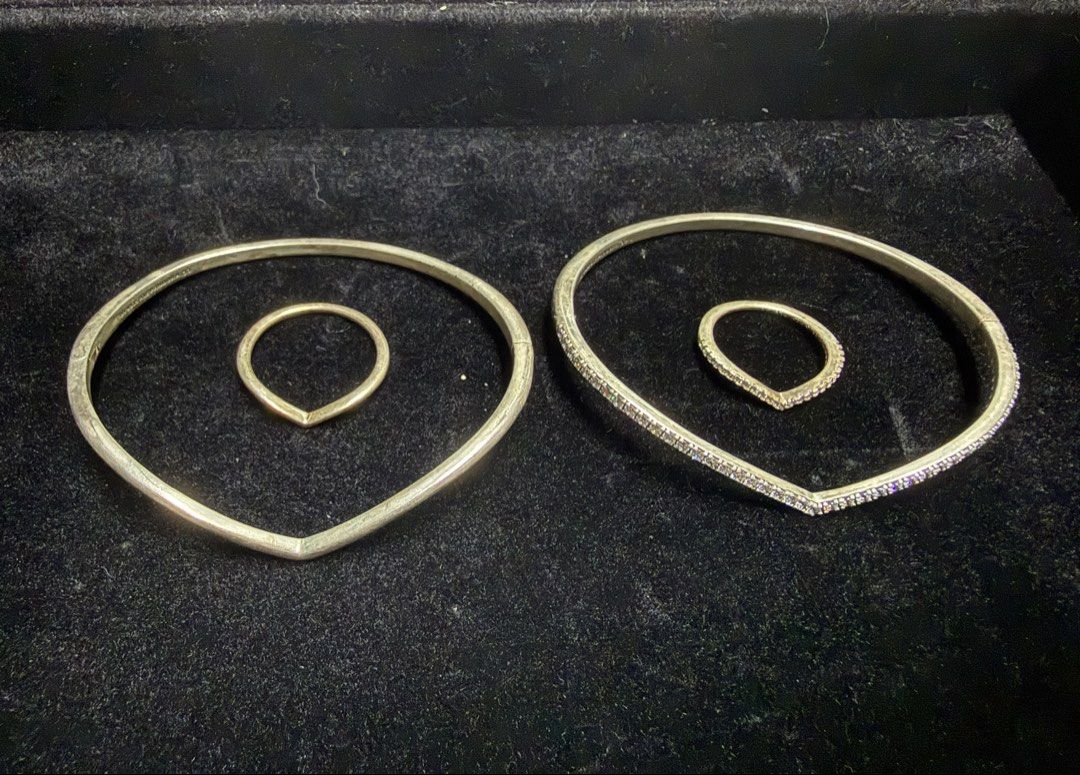 Pandora V-shape Bangle and Ring Matching Set (Category: Bracelets) located in Manila. Submitted by aybi.7.3.1 (Listing ID 1465027852, Image 1). Description: Authentic Pandora V-Shaped Bracelet & Ring Sets 2 sets: • Plain V-shaped bracelet + matching ring • V-shaped bracelet with stones + matching ring 4 pieces total. Authentic, bought from Pandora. Pre-loved, good condition..