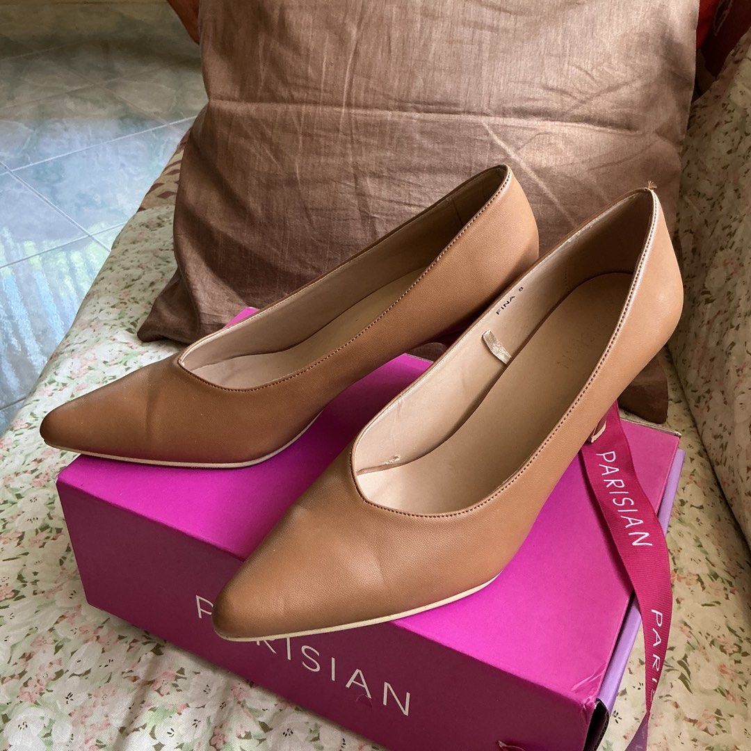 Parisian Tan Pointed Heels Size 8 with Box (Category: Heels) located in Tabaco. Submitted by flosheis (Listing ID 1465014282, Image 2). Description: Selling this pair of closed tan heels from SM Parisian (bought in 2025 from SM Legazpi). Please see photos for light scuffs and scratches. Wore these twice only and naka tago na lang sya after. - Brand: Parisian - Model: Fina - Color: Tan - Size: US 8 - Style: Classic pointed toe with slightly chunky