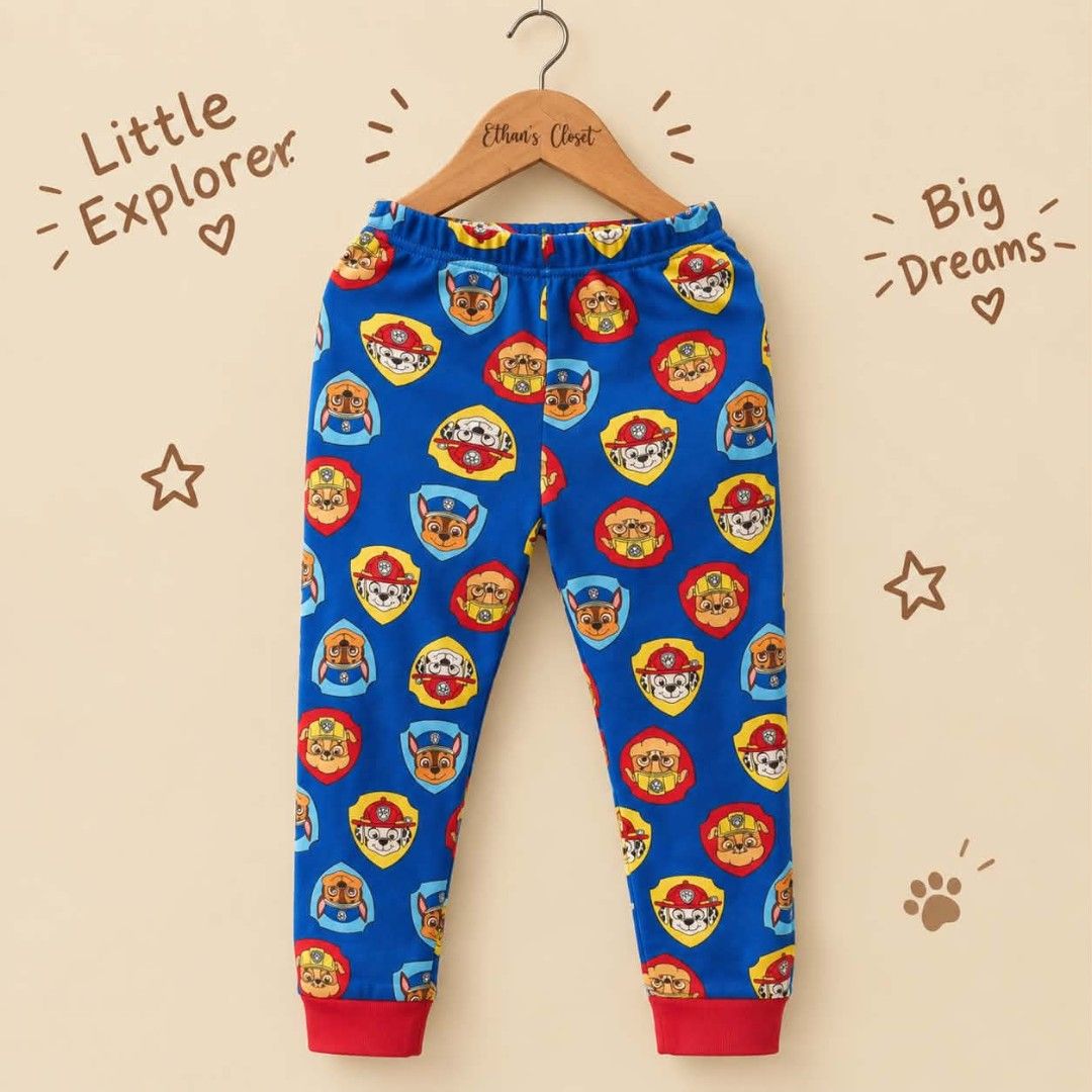 Paw Patrol Blue Pajama (Category: Babies & Kids Fashion) located in Manila. Submitted by joshbelgic17602 (Listing ID 1465166983, Image 1). Description: - Design: Blue joggers with fun Paw Patrol character prints inside shields - Comfort: Made with soft material, ideal for playtime or lounging at home - Fit: Easy-to-wear elastic waistband for a comfortable fit - Details: Eye-catching bright red cuffs at the ankles and matching red trim - Condition