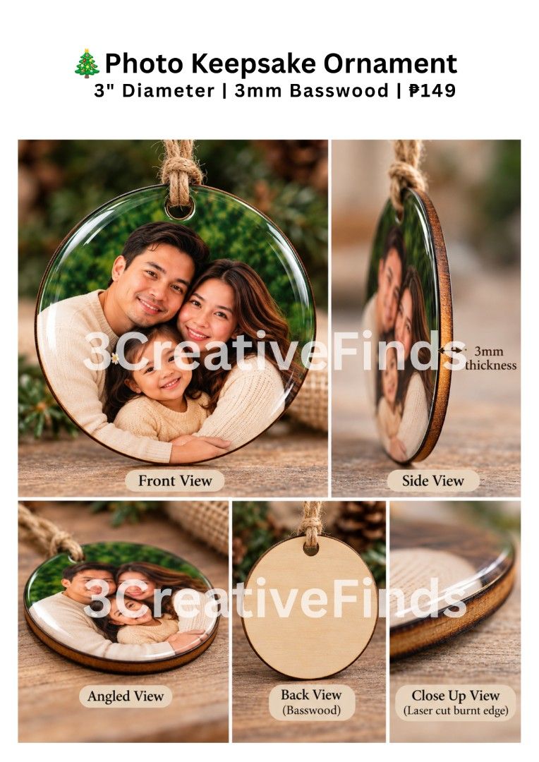 Personalized Photo Ornament (Category: Occasions & Party Supplies) located in Quezon City. Submitted by blessed.elouiz (Listing ID 1465110602, Image 2). Description: Personalized Photo Keepsake Ornament 3" Diameter | 3mm Basswood | ₱149 Turn your favorite family photo into a keepsake you can hang on your Christmas tree year after year. ❤️🎄 ✨ Personalized with your photo ✨ Glossy protective finish ✨ 3mm laser-cut basswood ✨ 3" diameter ✨ With han