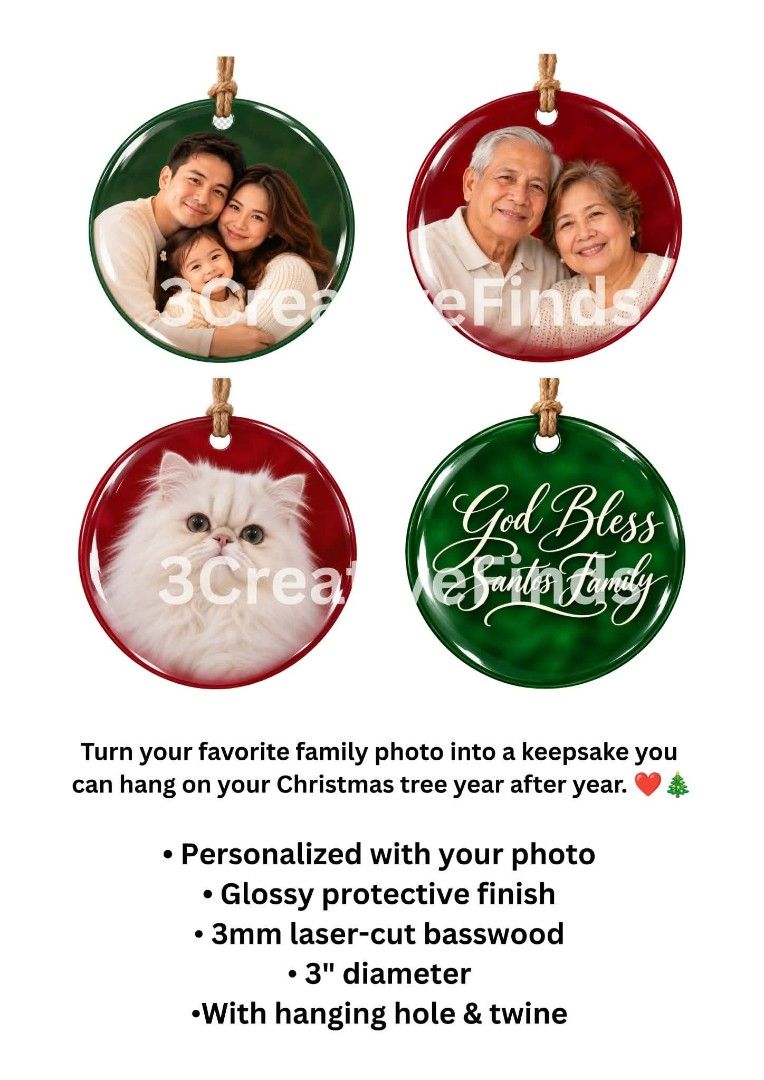 Personalized Photo Ornament (Category: Occasions & Party Supplies) located in Quezon City. Submitted by blessed.elouiz (Listing ID 1465110602, Image 3). Description: Personalized Photo Keepsake Ornament 3" Diameter | 3mm Basswood | ₱149 Turn your favorite family photo into a keepsake you can hang on your Christmas tree year after year. ❤️🎄 ✨ Personalized with your photo ✨ Glossy protective finish ✨ 3mm laser-cut basswood ✨ 3" diameter ✨ With han