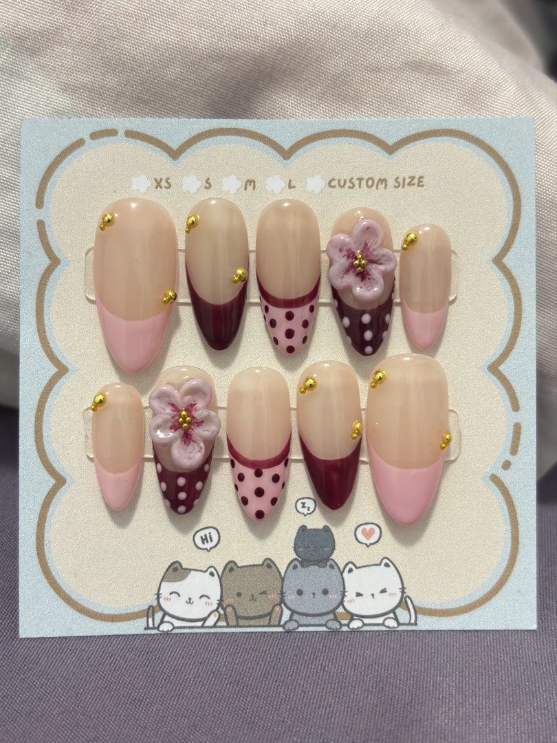 Pink & Maroon Handmade Press-on Nails (Category: Hands & Nails) located in Manila. Submitted by k4lis.closet (Listing ID 1465054910, Image 1). Description: Open for customized orders! w free nail glue and nail file <3.