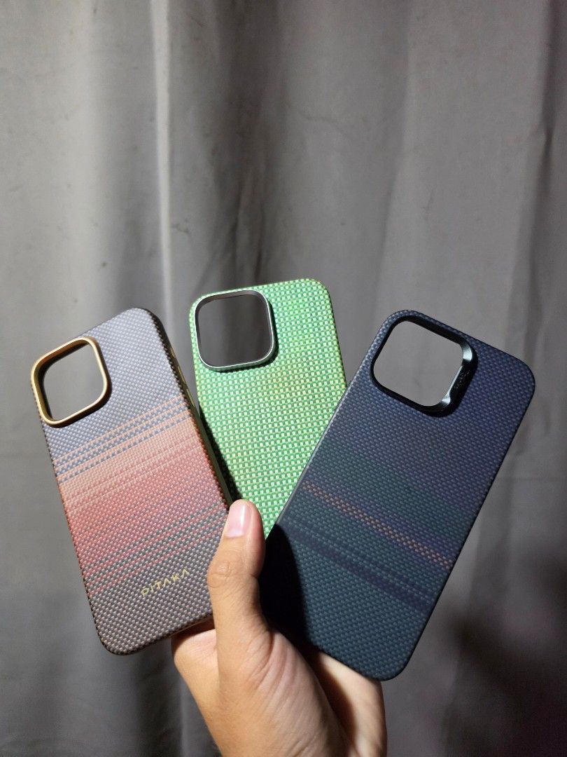 PITAKA and Benks case for iPhone 16 ProMax (Category: iPhone 16 Series) located in Cordon. Submitted by jaylinden22 (Listing ID 1465113887, Image 1). Description: Take all cases for Php 5900 Pitaka Sunset 3k Benks 2500 Pitaka Green 1900 All with boxes..