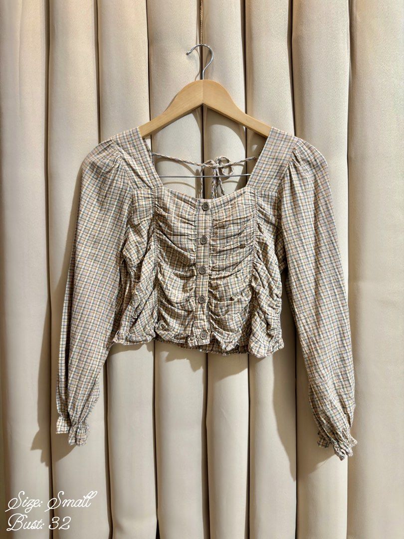 Plaid Longsleeve Croptop (Category: Longsleeves) located in Manila. Submitted by glamstylemnl (Listing ID 1465145305, Image 1). Description: ♡ SIZE: S ♡ BUST: 32 ♡ Swipe left to see the actual color & details ♡ square neck / ruched button down details ♡ HQ • 10/10 ♡ Ready to wear 👚.