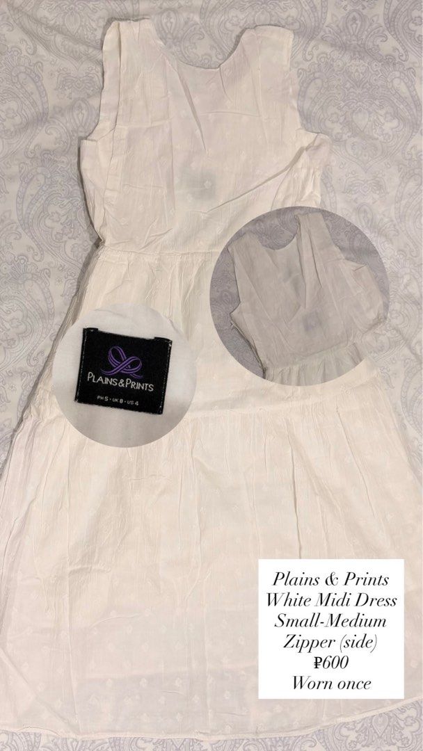 Plains & Prints White Midi Dress (Category: Dresses) located in Davao. Submitted by tswizzleeess (Listing ID 1465153637, Image 1). Description: Plains & Prints White Sleeveless Midi dress Textured fabric with subtle pattern Fits Small to Medium Worn once, like new. Message me for detailed photos if you want! ☺️ RFS: Decluttering 📍Davao City 💳 GCash, Bank Transfer (BDO) 📦 LBC, J&T SF shouldered by the buyer 😊.