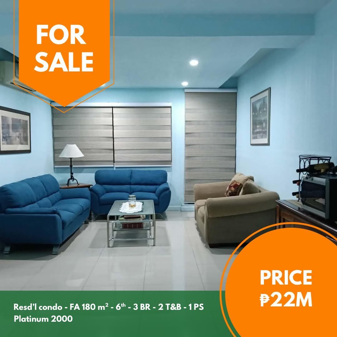 Platinum 2000 3 BR unit (Category: Apartments & Condos) located in Quezon City. Submitted by jmpgutierrez (Listing ID 1464981754, Image 1). Description: For sale: Platinum 2000 3 BR unit Annapolis, San Juan City Floor area: 180 sqm Residential Condominium unit 6th floor 3 BR 2 T&B Maid’s quarters Laundry room 1 parking slot Direct to seller Asking price: PHP 22,000,000 https://www.pgr.com.ph/residential-1/2026/7/17/platinum-2000-3-br-unit -- Jose