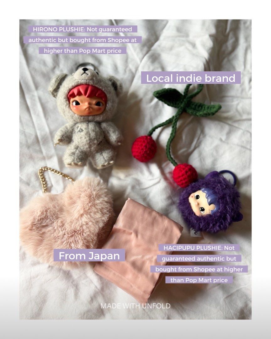 Plushies Take-All (Like New) (Category: Plushies & Soft Toys) located in Pasig City. Submitted by paolasoriano_wind (Listing ID 1465032143, Image 2). Description: Like new. No damages. Used a few times only then stored. Pop Mart Hirono On the Road and Hacipupu Constellation (Scorpio) plushies bought for more than Pop Mart prices (P1,200 to P1,400 each). Heart plushie is a gift from Japan and has a reusable bag stored inside then tiny pocket Cherr