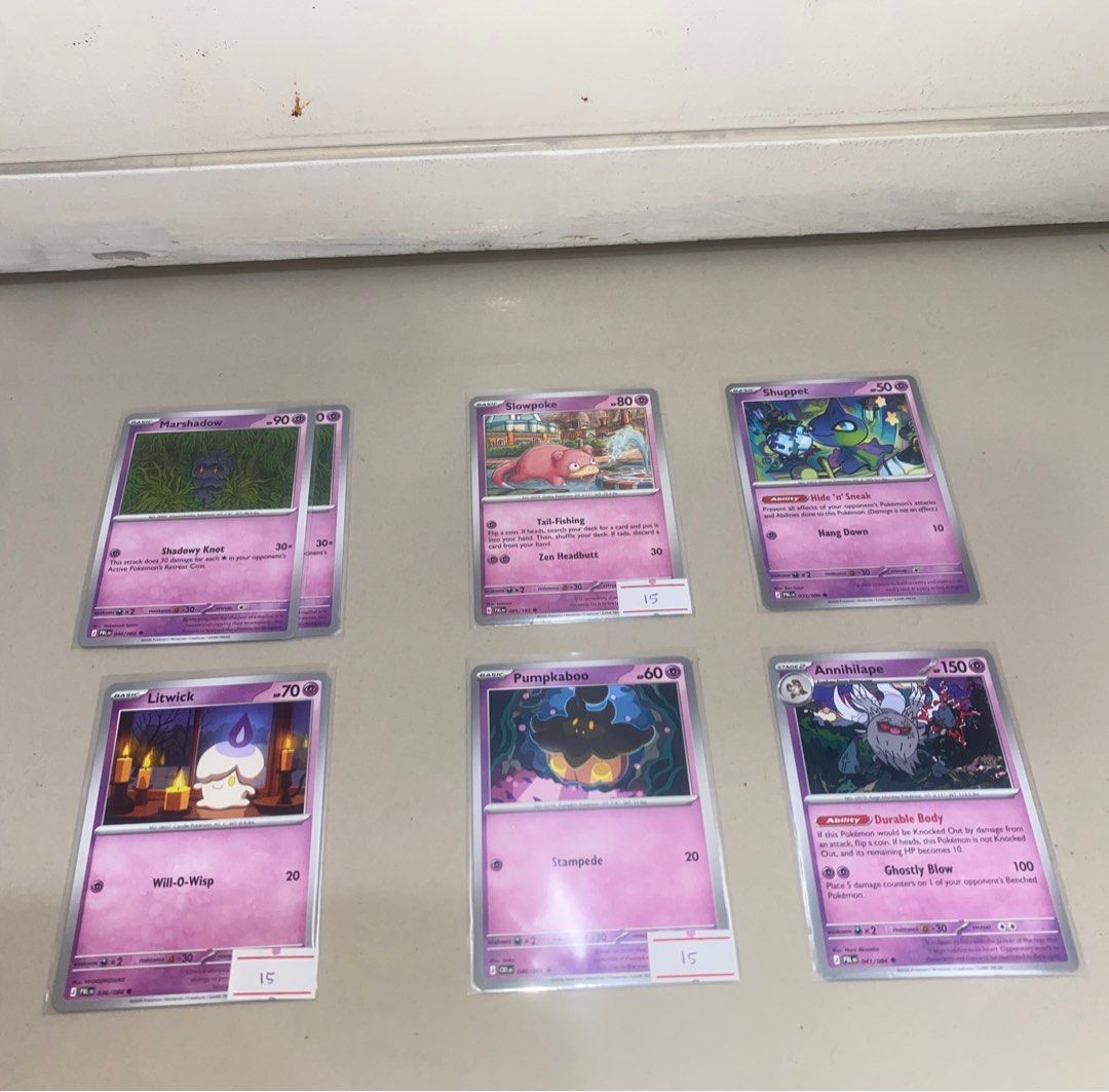 Pokemon cards - Psychic (Category: Raw Singles) located in Manila. Submitted by eggytcgcollects (Listing ID 1465095564, Image 1). Description: ₱10 each unless stated. Cards: Marshadow Slowpoke Shuppet Litwick Pumpkaboo Annihilape Free to message for more pictures Payment: Maya.