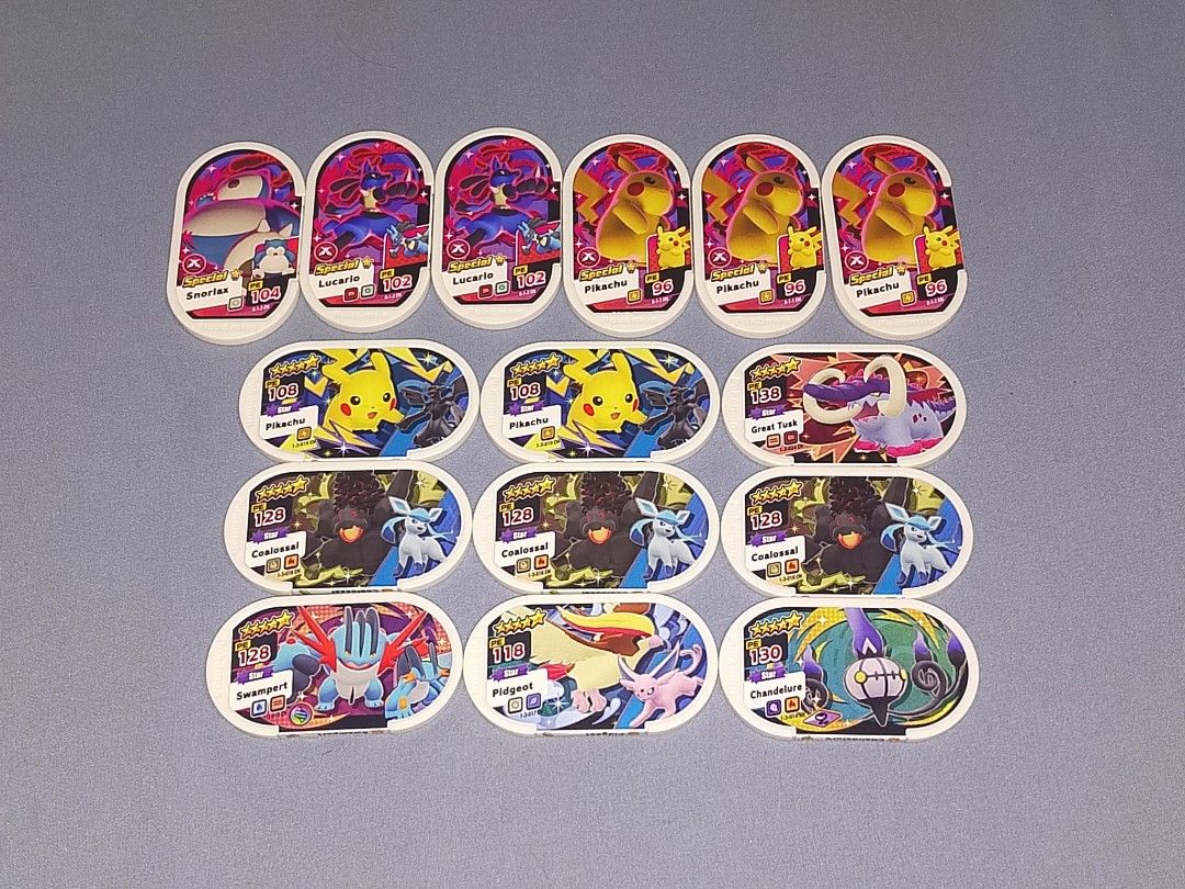 pokemon mezastar tags five stars special 5s version 2 (Category: Raw Singles) located in Manila. Submitted by declutteresque (Listing ID 1465115573, Image 1). Description: lucario snorlax pikachu great tusk coalossal chandelare pidgeot swampert ++ have other v2 white tags, 5 pcs for 100 php just lmk which tag. all tags available! mod: jnt, lbc, sdd mop: gcash loc: manila.