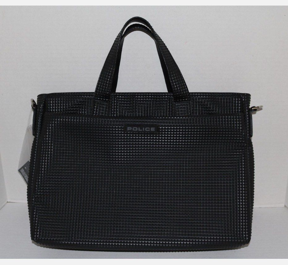 POLICE Laptop Briefcase Bag (Category: Briefcases) located in Makati City. Submitted by boldturtle-8720 (Listing ID 1465130549, Image 1). Description: Black Police Borsa Pyramid Bag featuring a textured geometric pyramid pattern, dual carry handles, and an adjustable shoulder strap 17” x 11” x 3”.