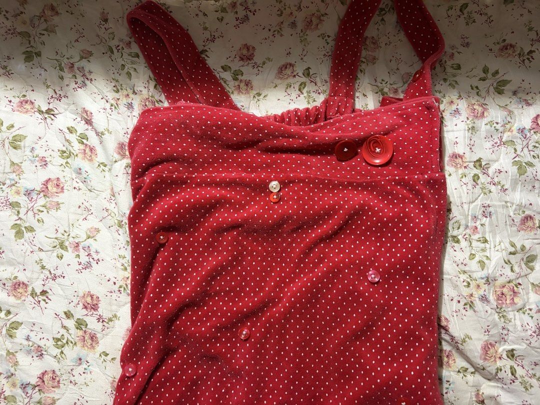 Polka-Dot Red Asymmetrical Dress (Category: Dresses) located in Muntinlupa City. Submitted by herellas0504 (Listing ID 1465115362, Image 2). Description: Polka-Dot Red Asymmetrical Dress Mine: 280 | Lock: 380 ————————————- size: med-large no issue since I covered the issue w/ the buttons note: the only lock it has is in the 6th slide, slit.