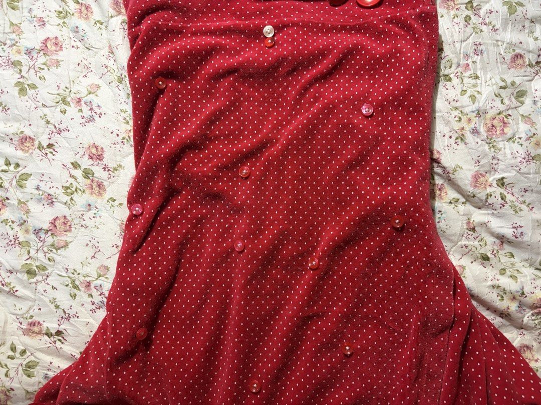 Polka-Dot Red Asymmetrical Dress (Category: Dresses) located in Muntinlupa City. Submitted by herellas0504 (Listing ID 1465115362, Image 3). Description: Polka-Dot Red Asymmetrical Dress Mine: 280 | Lock: 380 ————————————- size: med-large no issue since I covered the issue w/ the buttons note: the only lock it has is in the 6th slide, slit.