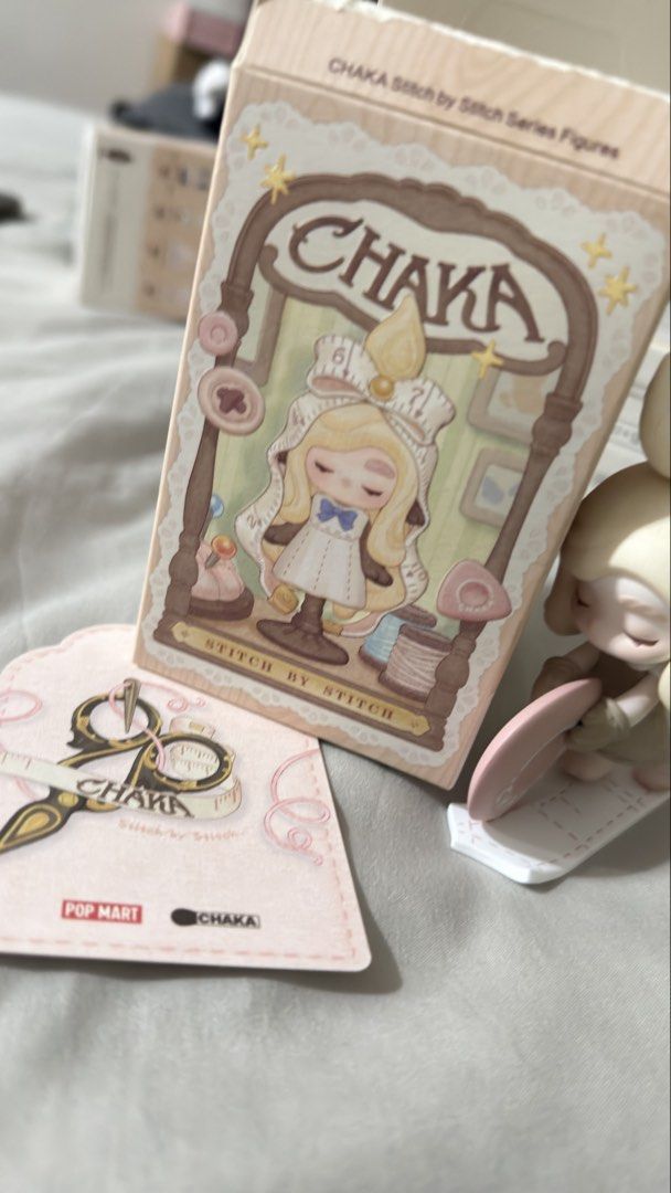 POP MART CHAKA Wandering Line (Category: Designer & Blind Box Toys) located in Pasay City. Submitted by _hirayaa (Listing ID 1465124154, Image 3). Description: - Series: Pop Mart CHAKA Stitch by Stitch - Character/Design: Blonde hair styling with cute sewing-themed accessories - Inclusion: Complete with original box and character card - Condition: Displayed briefly on shelf, great shape, no missing parts or damage - Perfect for Pop Mart collector