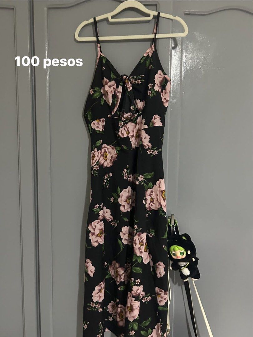 Preloved and brand new clothes (Category: Dresses) located in Imus. Submitted by ishasells (Listing ID 1465104089, Image 1). Description: 645 FOR ALL (745 regular price if per pc) Sizes: fit to med-large (and xl) - 5-piece closet clearance bundle - Black floral midi dress - Striped ribbed dress - Pink graphic tee with motorcycle embroidery - White collared coquette blouse with black bows - Black crop top with pink ribbon print - Bargain price for