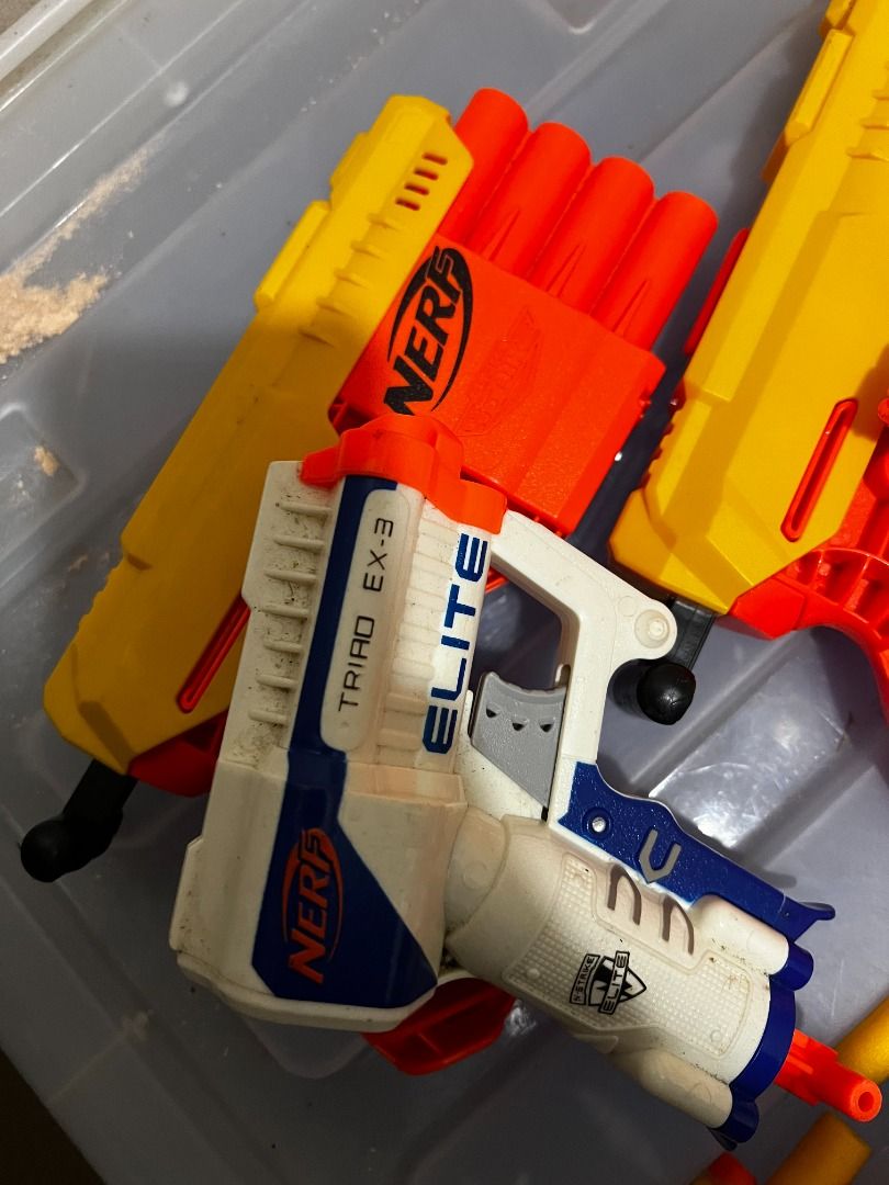 Pre-loved: Nerf Guns (Take all) (Category: Action & Battle Toys) located in Mandaluyong City. Submitted by moonamor (Listing ID 1465025779, Image 3). Description: Set includes 3 nerf guns, two pretend bottle, and 8 foam bullets (some are bent).