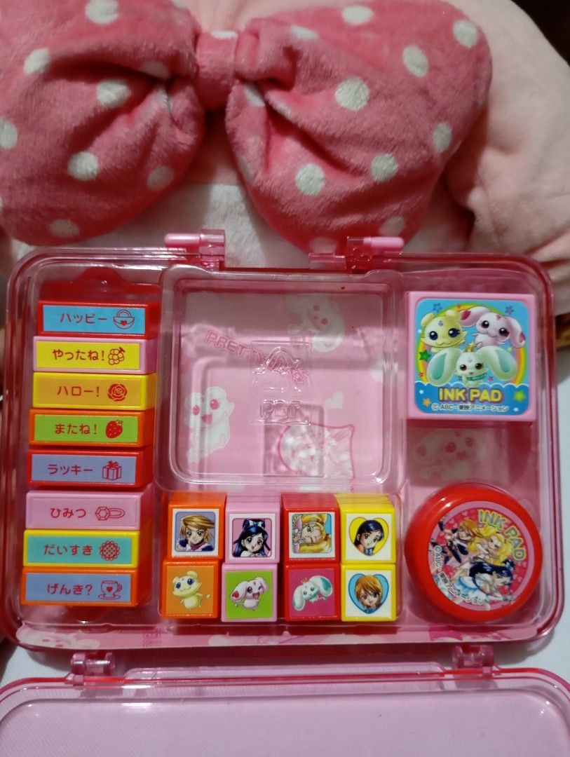Pretty cute stamp set (Category: Stationery & School Supplies) located in Manila. Submitted by ysabel1102 (Listing ID 1465108170, Image 3). Description: *pretty cute stamp with case *case has damage crack at the back as you can see in the photos * missing note pad * all stamp are complete and UN used * with 2 ink pad.
