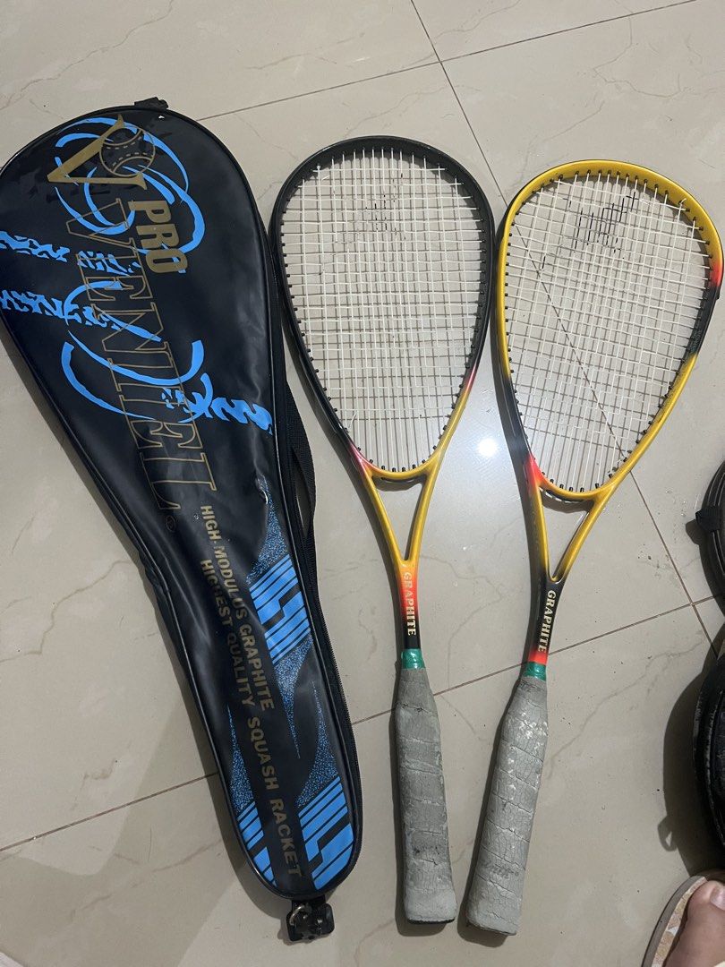 Pro Vencel High-Modulus Graphite Squash Rackets with Cover Set of 2 (Category: Racket and Ball Sports) located in Manila. Submitted by ajdfinds (Listing ID 1465002499, Image 1). Description: - Set of 2 Pro Vencel squash rackets - Material: High-modulus graphite - Design: Yellow, black, and red gradient with Power Control Technic branding - Condition (Frame/Strings): White strings intact, solid overall structure - Condition (Grips): Shows wear and