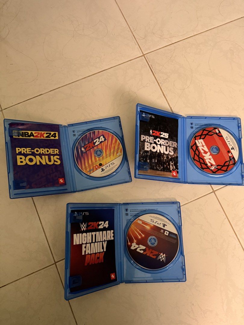 PS5 Games Bundle *NBA 2K24 *NBA 2K25 *WWE 2K24 (Category: PlayStation) located in Lucena. Submitted by lcndeclutter (Listing ID 1465040210, Image 3). Description: - Original PS5 games bundle: NBA 2K24 Kobe Bryant Edition, NBA 2K25, and WWE 2K24 - Condition: Like new, discs are clean and 100% scratch-free - Complete with original cases and all paper inserts (Pre-Order Bonus, Nightmare Family Pack) - Available as a set - PM me if interested!.