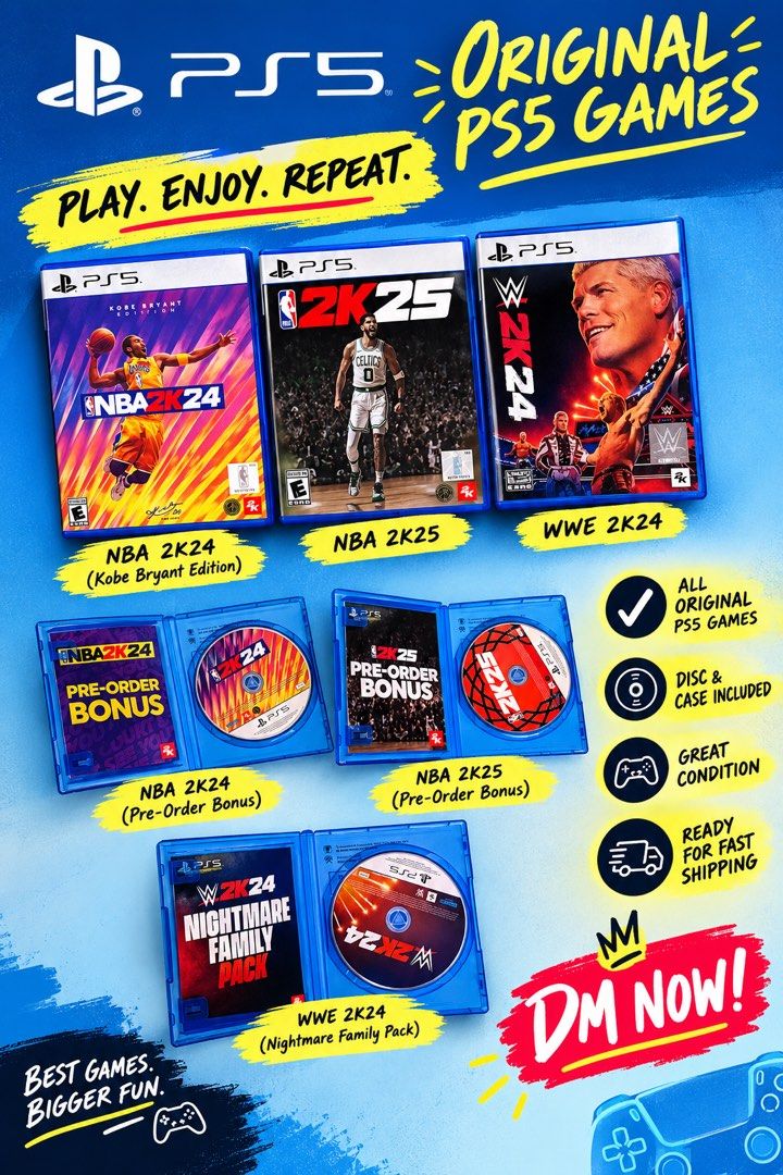 PS5 Games Bundle *NBA 2K24 *NBA 2K25 *WWE 2K24 (Category: PlayStation) located in Lucena. Submitted by lcndeclutter (Listing ID 1465040210, Image 1). Description: - Original PS5 games bundle: NBA 2K24 Kobe Bryant Edition, NBA 2K25, and WWE 2K24 - Condition: Like new, discs are clean and 100% scratch-free - Complete with original cases and all paper inserts (Pre-Order Bonus, Nightmare Family Pack) - Available as a set - PM me if interested!.