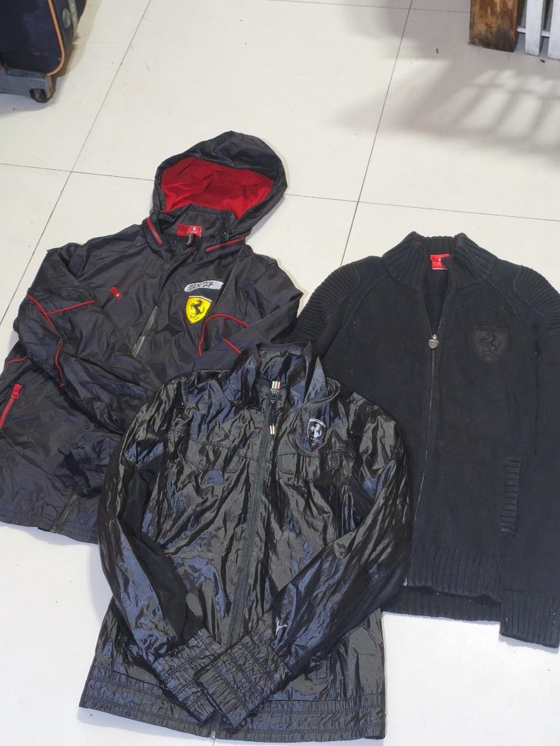 Puma Ferrari Scuderia Black Jackets Bundle (Category: Coats, Jackets and Outerwear) located in Manila. Submitted by matthew_parilla (Listing ID 1465040365, Image 1). Description: Puma on the left is already sold only the light windbreaker and knitted is available.