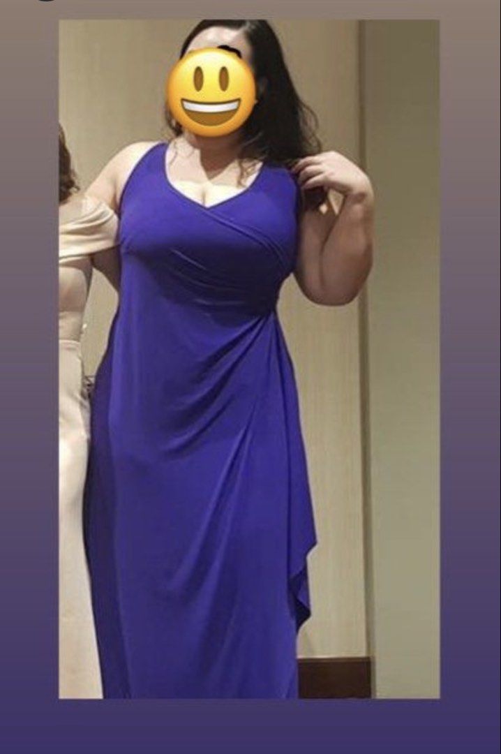 Purple Long Formal Gown - Plus size XL (Category: Dresses) located in Mandaluyong City. Submitted by zimimi12 (Listing ID 1464991516, Image 1). Description: - Brand: Viola - Color: Purple - Size: XL to XXL - Design: V-neckline, sleeveless, with a stylish draped front overlay - Length: Full length, flattering fit - Condition: Worn only once, clean, and ready to wear - Material: Stretchy, comfortable fabric.